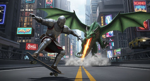 Funny Ai Picture Of A Medieval Knight Riding A Skateboard, Trying To Do A Trick While Being Chased By A Dragon.