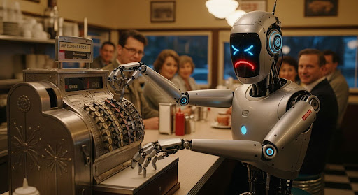 funny picture of a robot trying to operate a traditional cash register in a small-town diner.