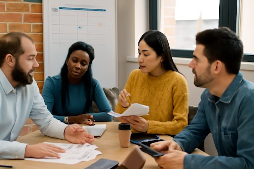 A Team Of Employees Discussing